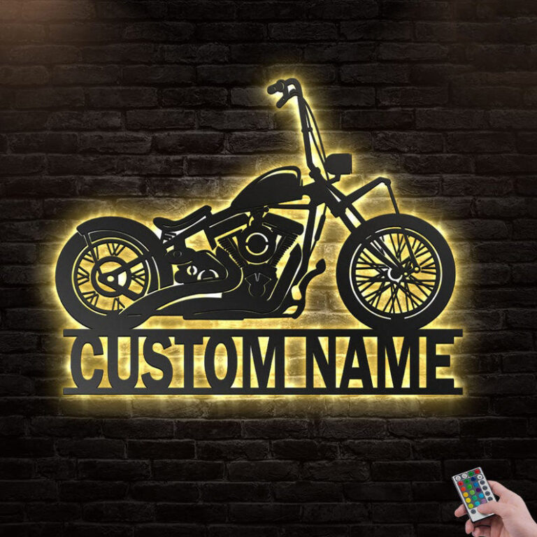 Personalized Motorcycle Garage Metal Wall Art With LED Lights