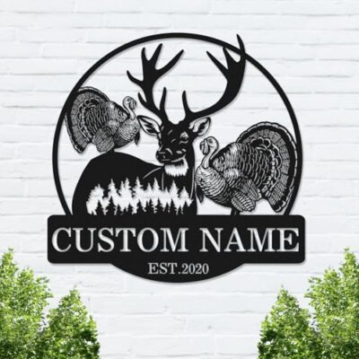 Custom Name Turkey Deer Sign Metal Wall Art, Personalized Deer Turkey Metal Sign, Customized Deer Hunting Sign Personalized Gifts for Hunter Men, Deer Man Cave Sign Home Wall Decor Sign