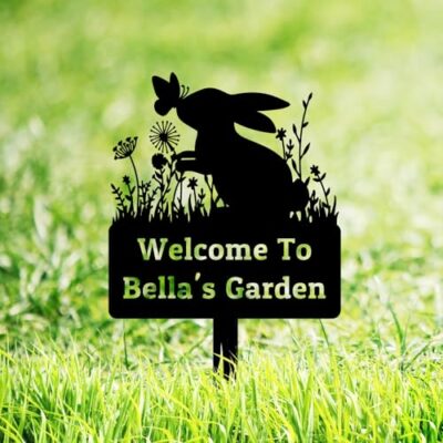 Personalized Rabbit Garden Sign, Custom Rabbit Garden Stake Bunny Silhouette Garden Sign, Bunny Metal Yard Art, Flowers Rabbit Bunny Outdoor Yard Sign Lawn Decor Patio Sign