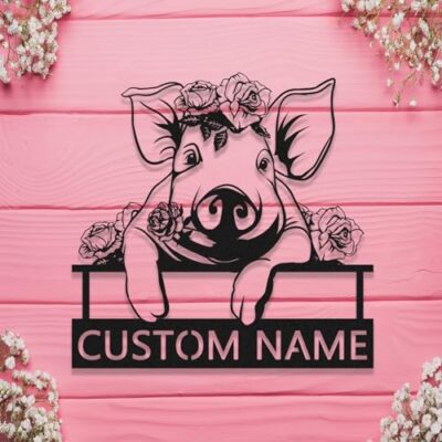 Personalized Pig Outdoor Farm Sign,Custom Metal Pig Flower Last Name Sign,Custom Cute Pig Metal Wall Art,Flower Pig Barn Ranch Sign,Funny Pig Sign For Home Decor,Rancher Farm Animal Pig Lovers Gift