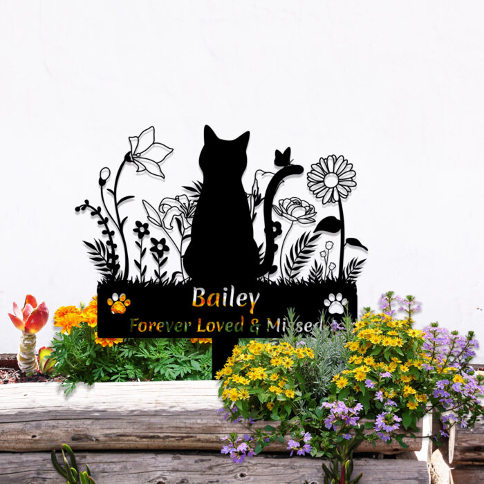 GRJIRAC Custom Cat Name Memorial Grave Stake Marker, Personalized Floral Cat Memorial Grave Marker, Customized Flowers Butterfly Cat Memorial Stake Outdoor Metal Grave Plaque Cat Memorial Statue - Image 4