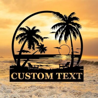 Custom Beach Palm Tree Metal Sign Beach House Wall Decor Beach Sunset Wall Art Personalized Beach House Family Name Sign Outdoor Pool House Signs Backyard Patio Decor