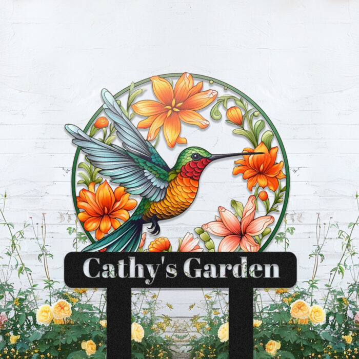 Ceeheyy Personalized Hummingbird Bird Flowers Garden Sign Metal Garden Stake, Custom Colorful Flowers Bird Garden Decor Sign Outdoor Plaque Metal Yard Art, Customized Garden Sign with Stakes - Image 3
