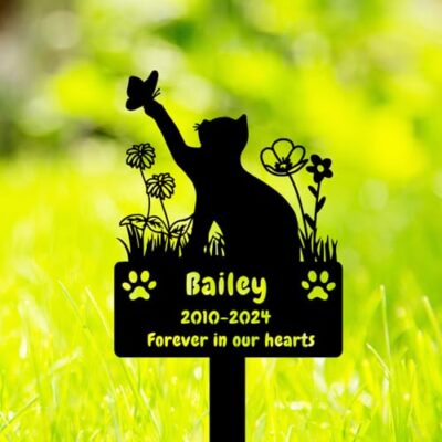GRJIRAC Custom Cat Grave Marker Cat Burial Stake, Personalized Butterfly Flowers Cat Memorial Garden Stake, Metal Cat Memorial Plaque for Outdoors, Customized Pet Headstone