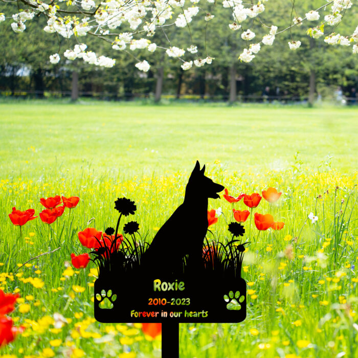 GRJIRAC Custom Dog German Shepherd Memorial Grave Marker Metal Dog Burial Stake, Personalized Flowers Dog Memorial Garden Stake, German Shepherd Dog Grave Marker for Outdoors Memorial Dog Plaque - Image 2