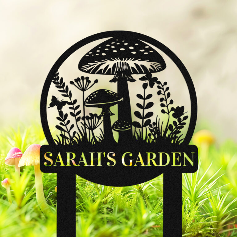 Custom Mushroom Garden Stake Sign Metal Yard Art, Personalized Butterfly Mushroom Garden Stake Customized Mushroom Garden Name Sign with Stake, Mushroom Silhouette Statue Garden Decor Stake