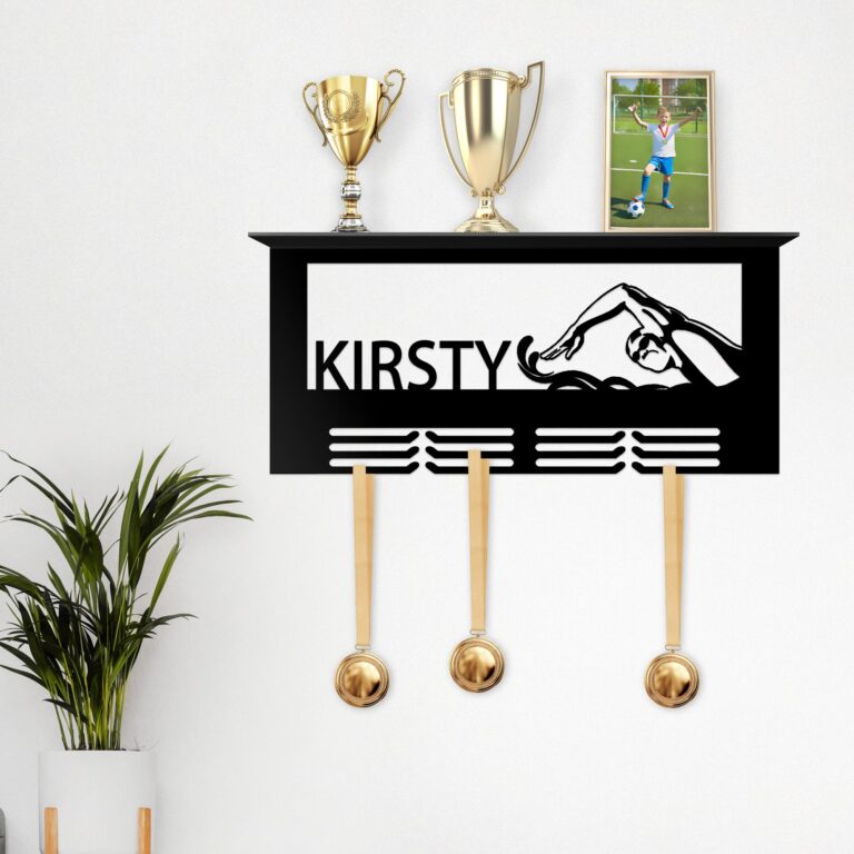 Personalized Swimming Name Medal Hanger Trophy Shelf, Custom Medal Holder, Medal Award Display Gifts for Swimmer, Rungs for Medals Ribbons