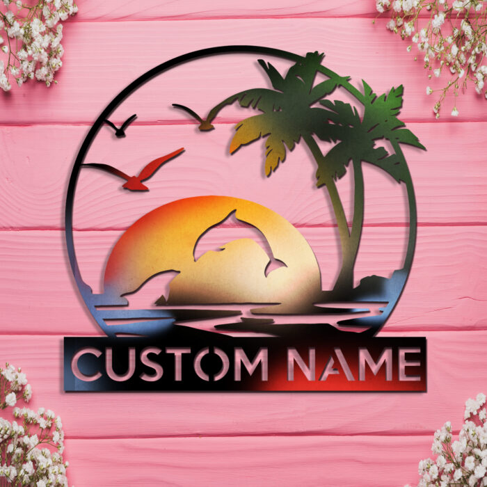 Personalized Beach Sunset Metal Monogram Sign,Personalized Palm Tree Dolphin Name Sign,Customized Beach Wall Art,Tropical Beach Pool Patio Backyard Metal Sign,Custom Beach Lake Coastal House Decor