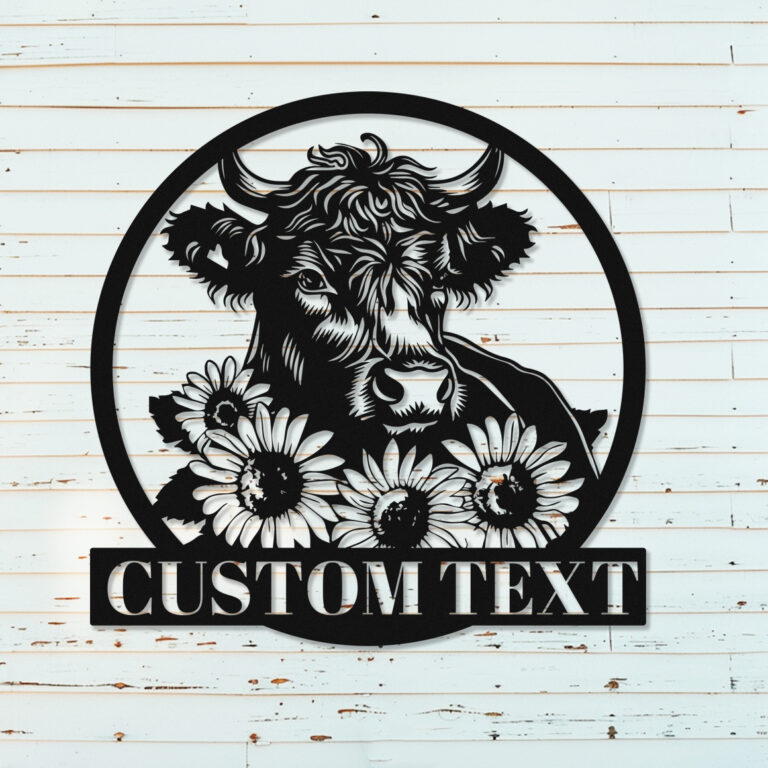 Personalized Highland Cow Farm Sign, Customized Sunflower Cow Metal Sign Ranch Barn Sign Farmhouse Decor Sign, Custom Highland Cow Sign Metal Wall Decor Sign Farm Animal Family Name Sign