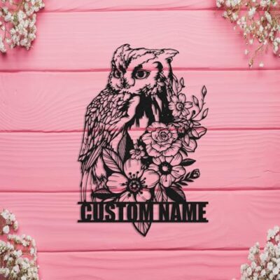 Custom Owl Metal Sign,Personalized Owl Metal Wall Art,Custom Owl Name Sign Monogram,Owl Metal Farmhouse Cabin Porch Decor,Owl Metal Sign for Home Kitchen Bathroom Garden,Personalized Owl Lover Gifts