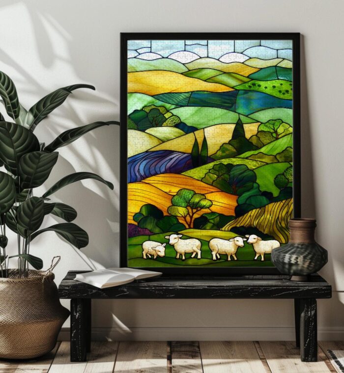 Stained Glass Green Irish Hills Jigsaw Puzzle 300,500,1000 Piece Wood Sheep Puzzles Art,Countryside Inspired wall Decor, Nature Lovers Gift