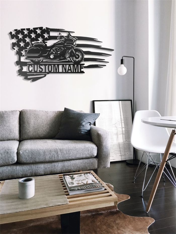 Custom US Flag Motorcycle Metal Sign,Personalized Motorcycle Wall Decor,Customized Motorcycle Garage Name Sign,Patio Signs and Decor Outdoor,Metal Signs,Metal Wall Sculpture,Housewarming Gifts - Image 2