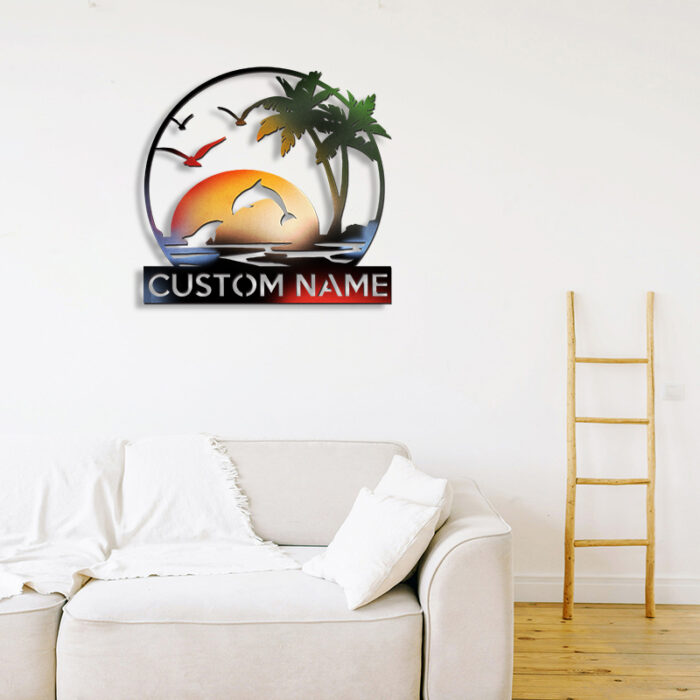 Personalized Beach Sunset Metal Monogram Sign,Personalized Palm Tree Dolphin Name Sign,Customized Beach Wall Art,Tropical Beach Pool Patio Backyard Metal Sign,Custom Beach Lake Coastal House Decor - Image 3