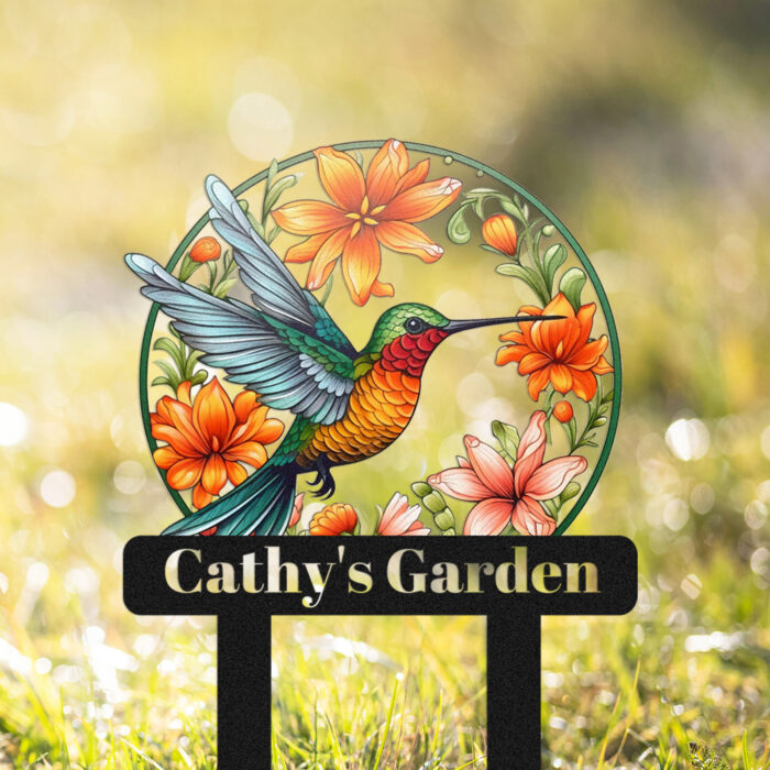 Ceeheyy Personalized Hummingbird Bird Flowers Garden Sign Metal Garden Stake, Custom Colorful Flowers Bird Garden Decor Sign Outdoor Plaque Metal Yard Art, Customized Garden Sign with Stakes