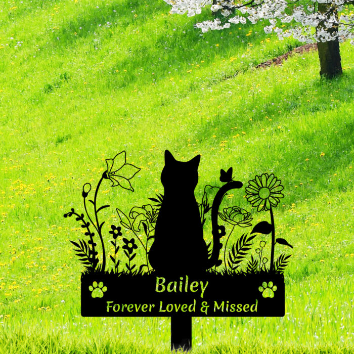 GRJIRAC Custom Cat Name Memorial Grave Stake Marker, Personalized Floral Cat Memorial Grave Marker, Customized Flowers Butterfly Cat Memorial Stake Outdoor Metal Grave Plaque Cat Memorial Statue - Image 3