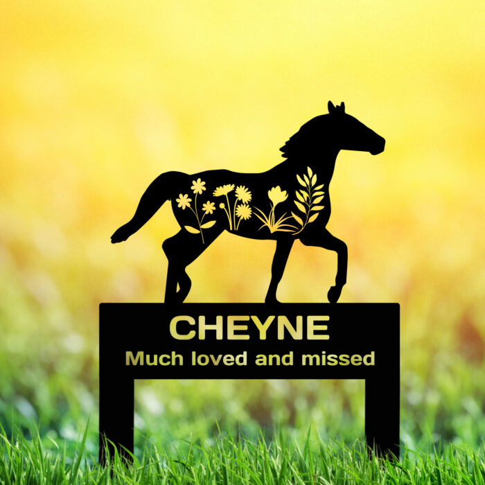 GRJIRAC Custom Flowers Horse Memorial Stake Grave Marker, Personalized Horse Grave Marker Plaque, Customized Metal Pet Horse Silhouette Yard Sign for Cemetery Grave Sympathy Garden Stake