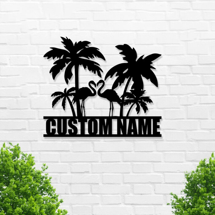 Beach Metal Sign Custom,Palm Tree Personalized Last Name Sign Wall Art,Customized Beach House Wall Decor,Beach Pool Sculptures Gifts for Housewarming,Flamingo Signs for Bedroom Beach House Home Decor