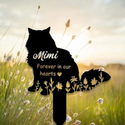 Custom Fluffy Cat Memorial Stake Sign Metal Long Hair Cat Grave Marker Cat Garden Decor Personalized Cat Name Remembrance Yard Stake Pet in Heaven Loss of Cat Sympathy Gift