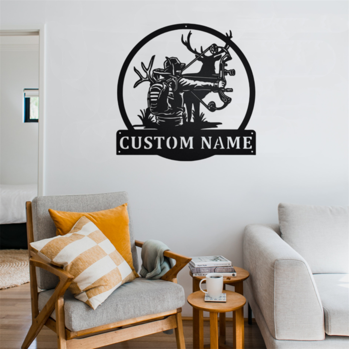 Personalized Bow Hunting Metal Wall Art Deer Hunting Wall Decor Hunter Metal Sign, Custom Hunter Name Sign Front Door Sign, Indoor Outdoor Wall Decor Hunter Home Decor Housewarming Gift 14 inch