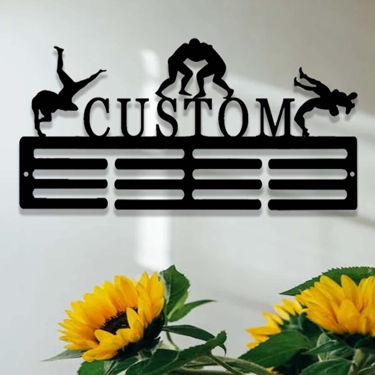 Personalized Wrestling Medal Hanger,Custom Wrestler Name Medal Holder,12 Rungs for Medals & Ribbons,Wrestling Medal Display Awards Sign