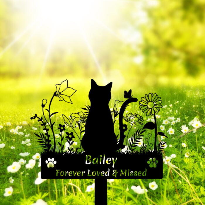 GRJIRAC Custom Cat Name Memorial Grave Stake Marker, Personalized Floral Cat Memorial Grave Marker, Customized Flowers Butterfly Cat Memorial Stake Outdoor Metal Grave Plaque Cat Memorial Statue - Image 2