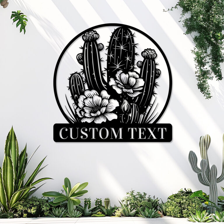 Custom Flowers Cactus Metal Sign, Personalized Cactus Name Sign Metal Wall Art, Monogram Wall Decor Last Name Sign Family Name Sign, Customized Cactus Metal Name Sign Outdoor Welcome Sign