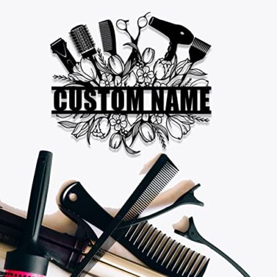 Hair Stylist Metal Sign Art Custom,Grooming Salon Personalized Family Name Sign,Hair FlowersCustomized Gifts for Hairstylist,Barbershop Monogram Wall Art Home Decor for Studio Indoor Outdoor Decorate