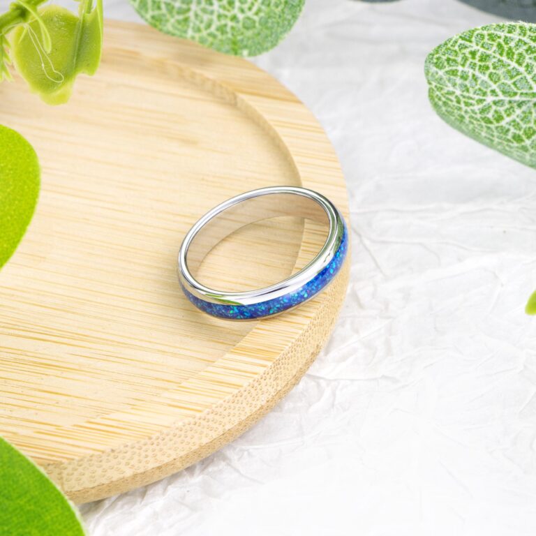 Custom Blue Opal Ring, Personalized Crushed Opal Wedding Band, Tungsten Promise Ring for Him Her, Mens Womens Engagement Ring, Couples Ring