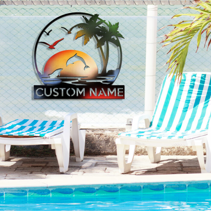 Personalized Beach Sunset Metal Monogram Sign,Personalized Palm Tree Dolphin Name Sign,Customized Beach Wall Art,Tropical Beach Pool Patio Backyard Metal Sign,Custom Beach Lake Coastal House Decor - Image 5