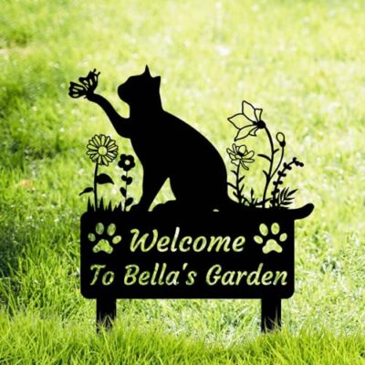 Personalized Cat Garden Sign, Custom Cat Garden Stake Sign, Animal Welcome Metal Address Sign Plaque House Number Sign with Stakes, Cat Butterfly Yard Sign Pet Outdoor Sign