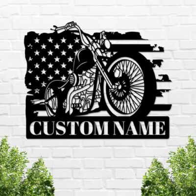 Custom American Flag Motorcycle Sign Metal Wall Art, Personalized Name Motorcycle Sign, Customized Motorcycle Garage Name Sign, Personalized Motorcycle Decor Gifts for Motorcycle Lovers