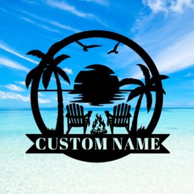 Custom Name Beach Sign Sunrise Metal Wall Art, Personalized Beach Palm Tree Sign, Customized Sunrise Beach Sign Beach Coastal House Decor Family Name Sign Palm Tree Outdoor Wall Decor Sign