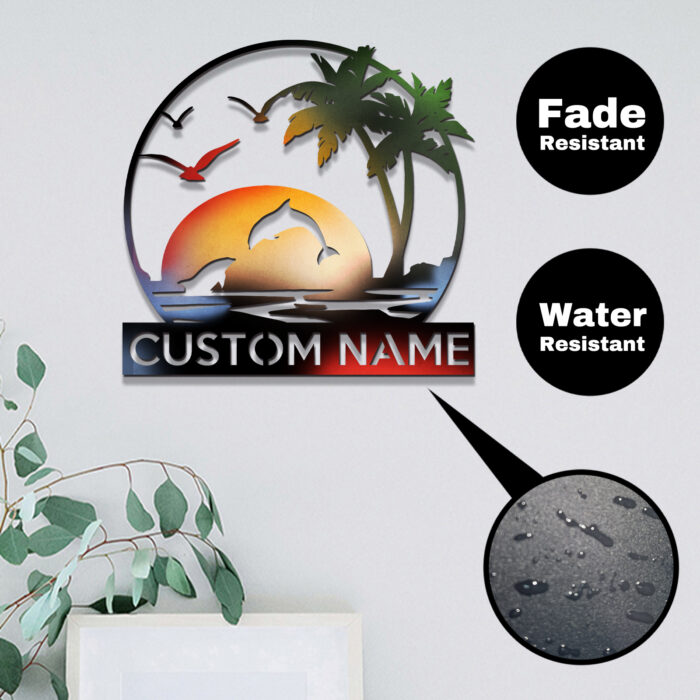 Personalized Beach Sunset Metal Monogram Sign,Personalized Palm Tree Dolphin Name Sign,Customized Beach Wall Art,Tropical Beach Pool Patio Backyard Metal Sign,Custom Beach Lake Coastal House Decor - Image 2