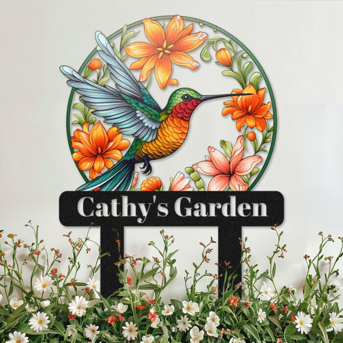 Ceeheyy Personalized Hummingbird Bird Flowers Garden Sign Metal Garden Stake, Custom Colorful Flowers Bird Garden Decor Sign Outdoor Plaque Metal Yard Art, Customized Garden Sign with Stakes - Image 4