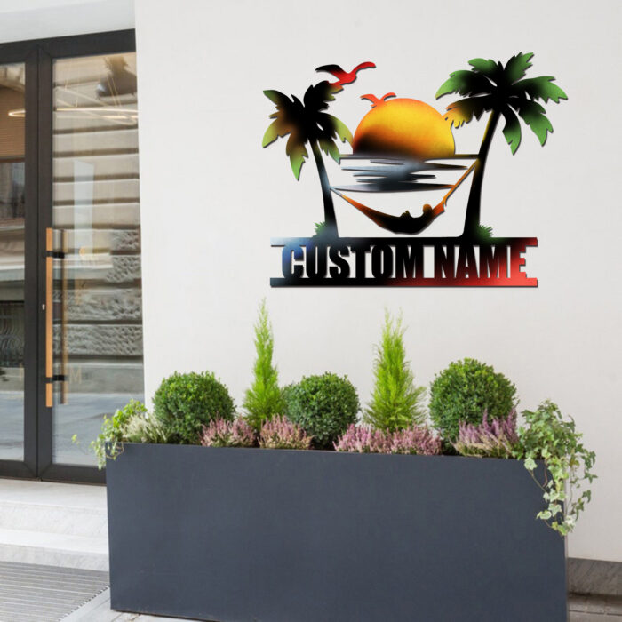 Beach Sunset Metal Sign Custom,Palm Tree Personalized Last Name Sign Wall Art,Customized Beach House Wall Decor,Swimming Pool Sculptures Gifts for Housewarming,Signs for Bedroom Beach House Home Decor - Image 4