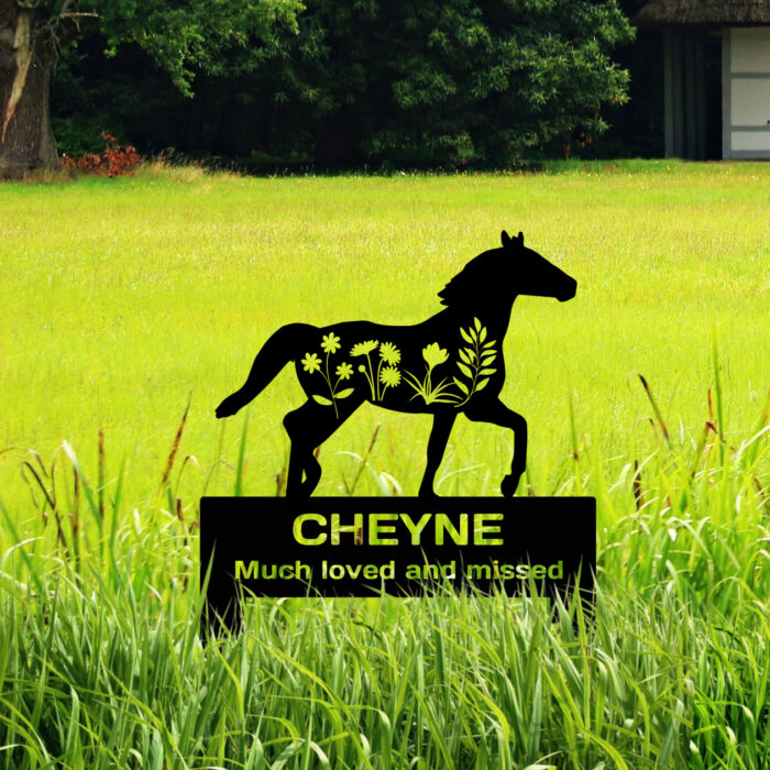 GRJIRAC Custom Flowers Horse Memorial Stake Grave Marker, Personalized Horse Grave Marker Plaque, Customized Metal Pet Horse Silhouette Yard Sign for Cemetery Grave Sympathy Garden Stake - Image 2