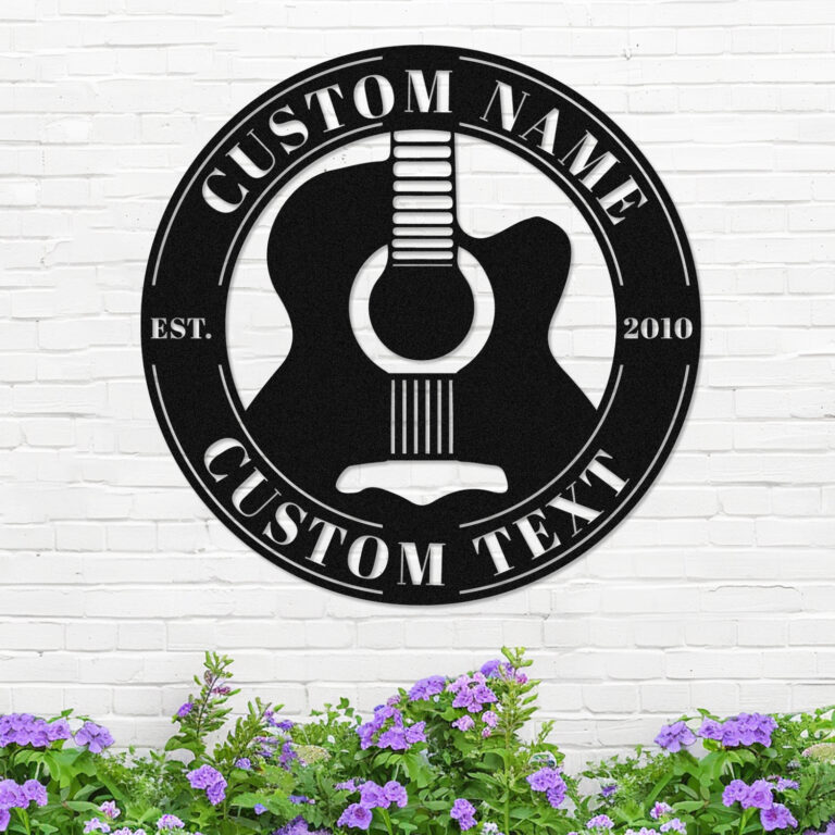 Personalized Guitar Metal Sign Custom Name Guitar Sign Metal Wall Art Music Wall Decor Sign, Customized Musical Instrument Guitar Metal Wall Sign with Name Text, Guitar Metal Sign Plaque