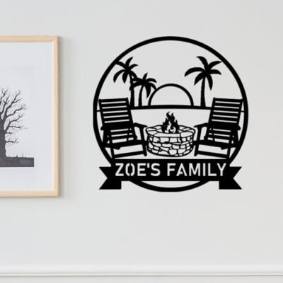 Beach Campfire Sign Custom Wall Art,Palm Tree Personalized Last Name Sign,Camper Monogram Metal Sign Wall Decor,Customized Beach House Decorative,Family Indoor or Outdoor Decor New Home Wedding Gift