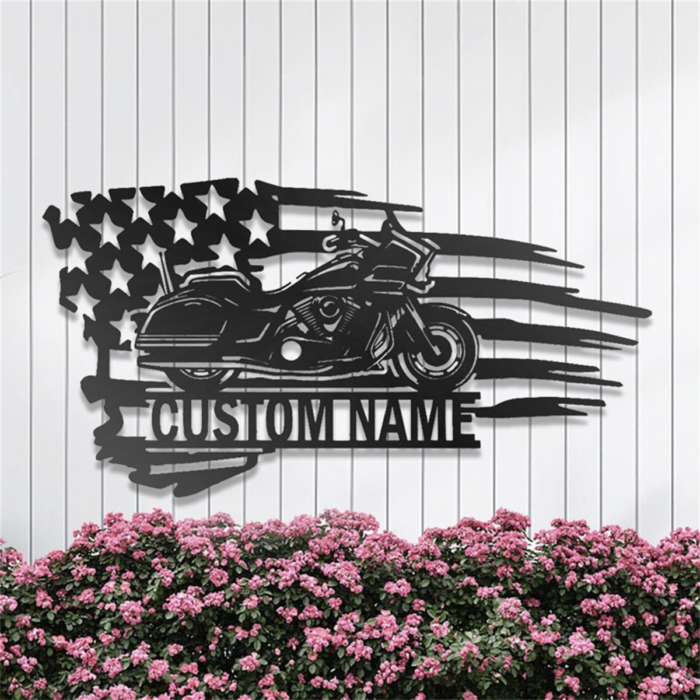 Custom US Flag Motorcycle Metal Sign,Personalized Motorcycle Wall Decor,Customized Motorcycle Garage Name Sign,Patio Signs and Decor Outdoor,Metal Signs,Metal Wall Sculpture,Housewarming Gifts