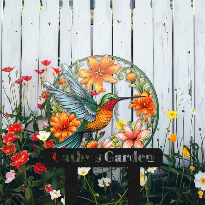 Ceeheyy Personalized Hummingbird Bird Flowers Garden Sign Metal Garden Stake, Custom Colorful Flowers Bird Garden Decor Sign Outdoor Plaque Metal Yard Art, Customized Garden Sign with Stakes - Image 2