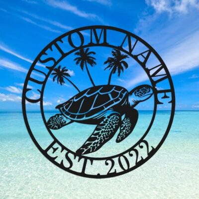 Personalized Palm Tree Sea Turtle Sign Metal Wall Art, Custom Beach Palm Turtle Metal Sign, Customized Ocean Turtle Sign with Name Indoor Outdoor Home Wall Lake Beach House Decor Sign