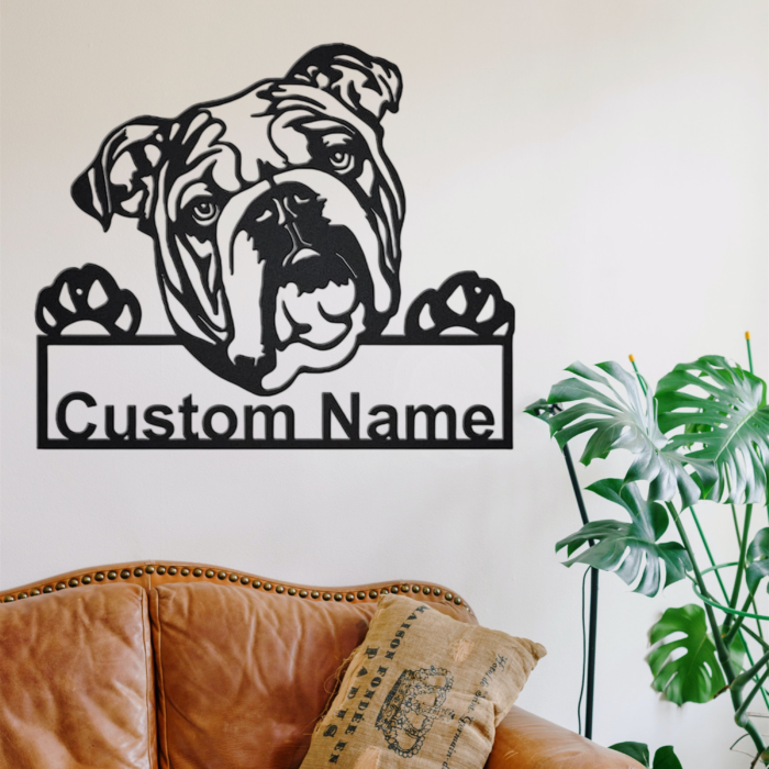 Personalized English Bulldog Metal Wall Art Bulldog Decor, Custom Pet Name Sign Welcome Sign Figurine Statue, Dog Room House Decorations, Bulldog Gifts Dog Mom Gifts for Women 12 inch