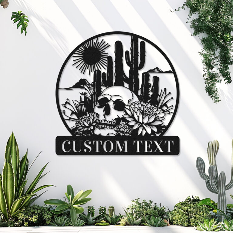 Personalized Cactus Skull Metal Sign, Custom Skull Cactus Sign Outdoor Metal Wall Art Wall Decor Sign, Customized Flowers Skull Wall Sign Skull Name Sign Skull Garden Sign Wall Sculpture