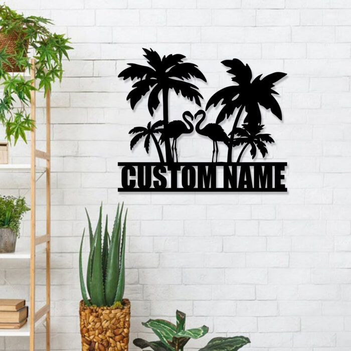 Beach Metal Sign Custom,Palm Tree Personalized Last Name Sign Wall Art,Customized Beach House Wall Decor,Beach Pool Sculptures Gifts for Housewarming,Flamingo Signs for Bedroom Beach House Home Decor - Image 4