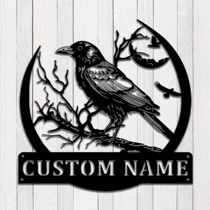 Custom Raven Metal Wall Sign - Personalized Raven Metal Wall Art - Raven Metal Wall Decor - Raven Name Signs - Bird Lover Gifts - Raven Led Decor