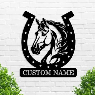 Goodqueen Custom Horseshoe Horse Sign Metal Horse Ranch Sign, Personalized Name Horse Stable Sign Farmhouse D??cor, Customized Horse Entry Road Display Sign, Horse Metal Wall Art Wall Hanging Sign