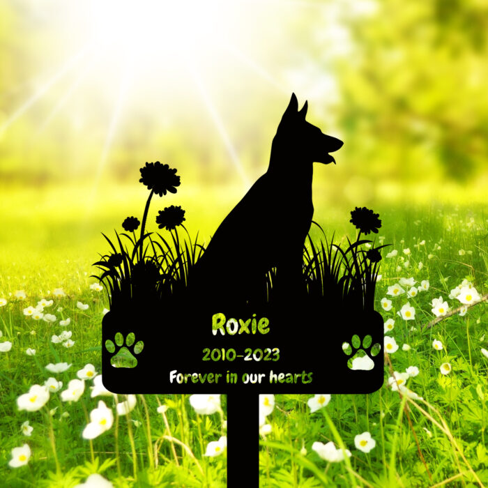 GRJIRAC Custom Dog German Shepherd Memorial Grave Marker Metal Dog Burial Stake, Personalized Flowers Dog Memorial Garden Stake, German Shepherd Dog Grave Marker for Outdoors Memorial Dog Plaque