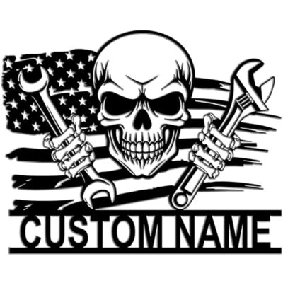 HIOKPLS Custom US Skull Mechanic Metal Wall Art, Personalized Skull Name Sign Decoration for Room,Custom Workshop Name Sign,8-24 Inch